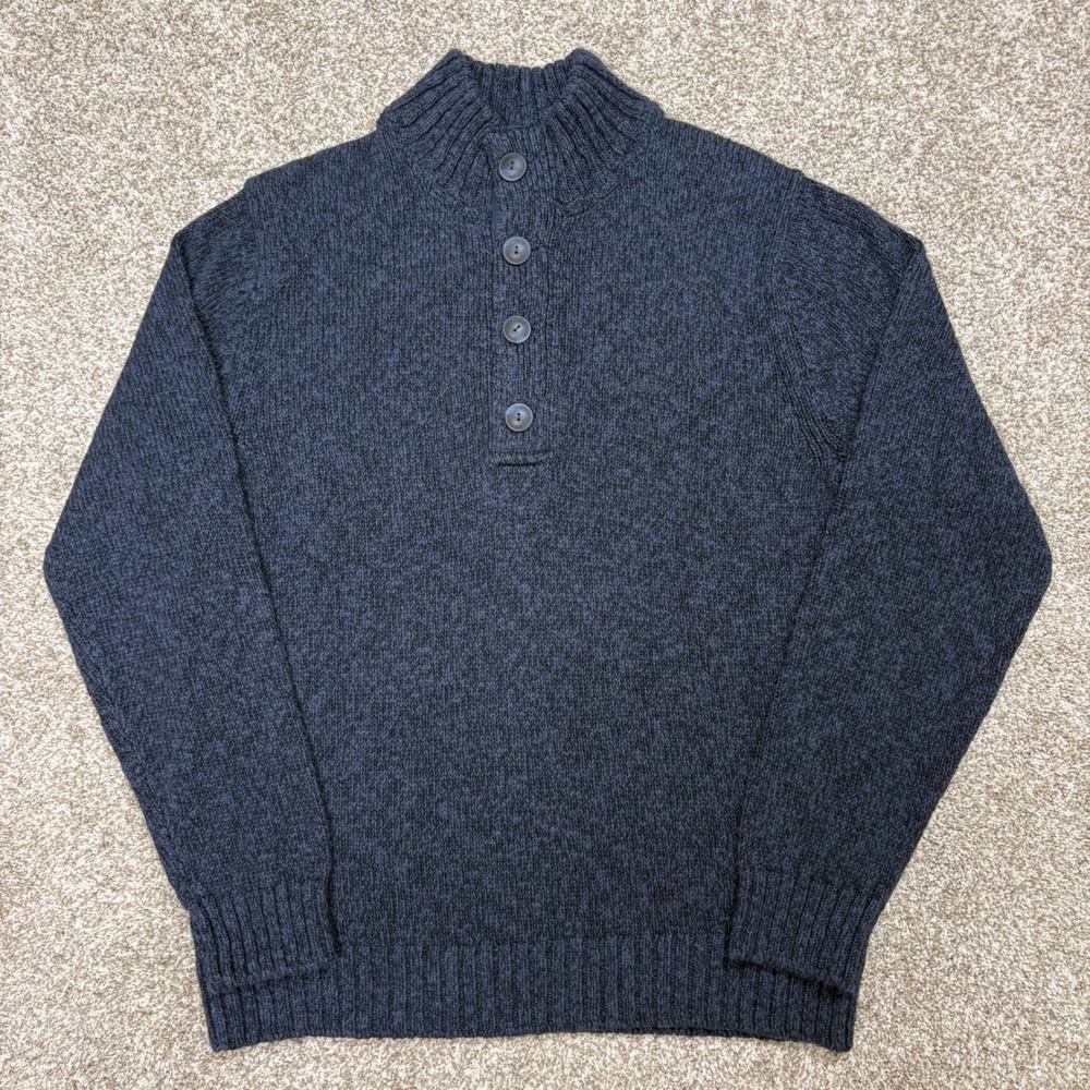 LL Bean Henley Fisherman Sweater Mens Medium Navy Blue Cotton Mock Neck